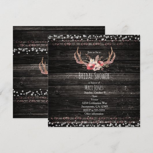 Rustic Country Glam Flowers & Antlers Uitnodiging (Voorkant / Achterkant)