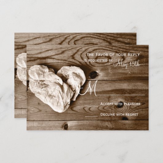 Rustic Country Grange Wood Coeur Mariage RSVP Cart (Devant / Derrière)