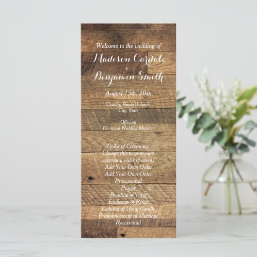 Rustic Country Grange Wood Wedding Programme Modèl (Debout devant)