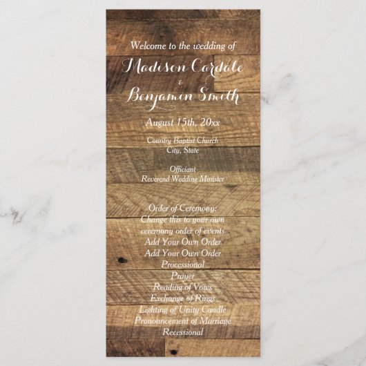 Rustic Country Grange Wood Wedding Programme Modèl (Devant)