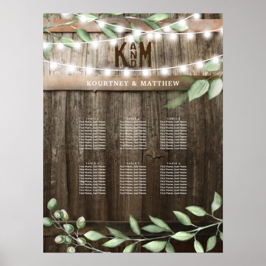 Rustic Country Greenery Wedding Seating Chart Poster (Voorkant)