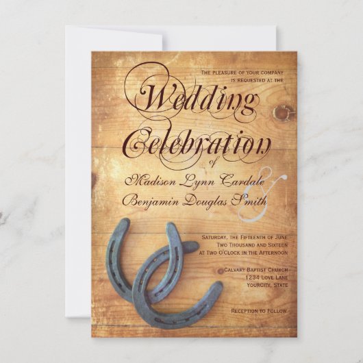 Rustic Country Horseshoe Wood Wedding Invitations (Devant)