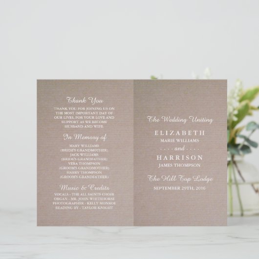 Rustic Country Kraft Mariage Programme bi-fold (Debout devant)