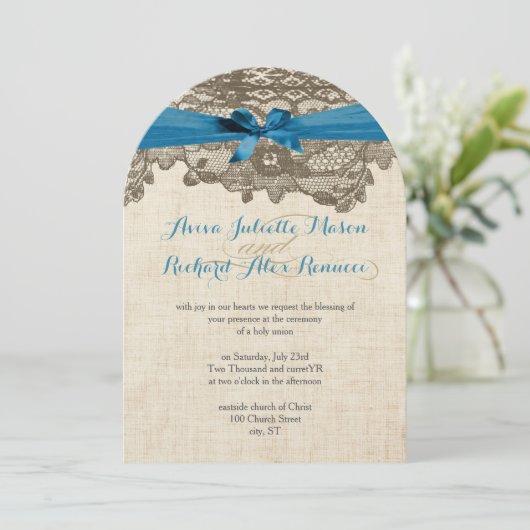 Rustic Country Lace Blue Wedding Kaart (Staand voorkant)
