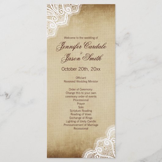 Rustic Country Lace Edge Vertical Wedding Programm Programma (Voorkant)