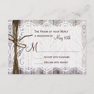 Rustic Country Lace Twine Wood Wedding RSVP Kaartje