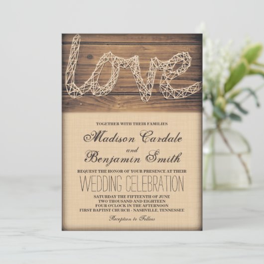 Rustic Country Love String Art Wedding Invitations (Debout devant)