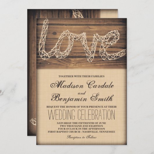 Rustic Country Love String Art Wedding Invitations (Devant / Derrière)