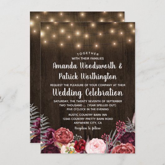 Rustic Country Marsala Peony Mariage Invitations (Devant / Derrière)