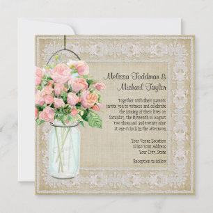 Rustic Country Mason Jar Blush Pink Roses Bouquet Kaart