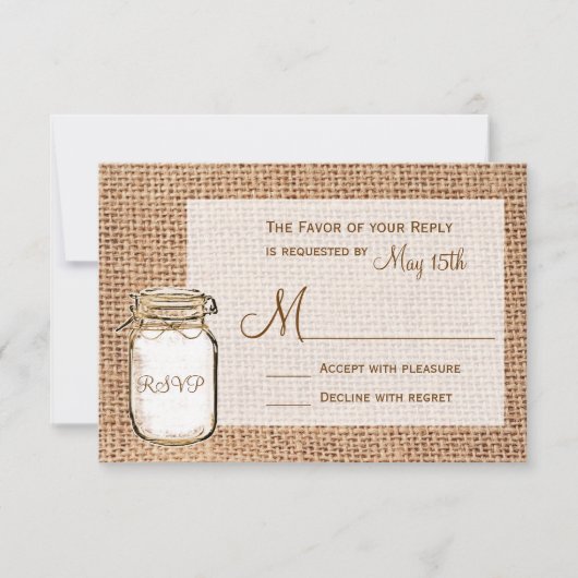 Rustic Country Mason Jar Burlap Mariage Cartes RSV (Devant)