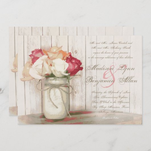 Rustic Country Mason Jar Roses mariage Invitations (Devant / Derrière)