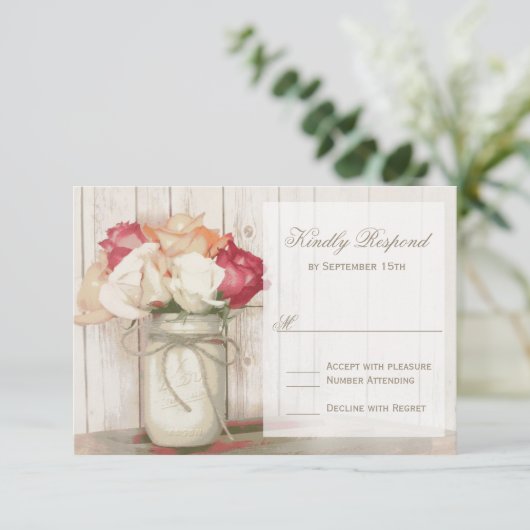Rustic Country Mason Jar Roses mariage RSVP Cartes (Debout devant)