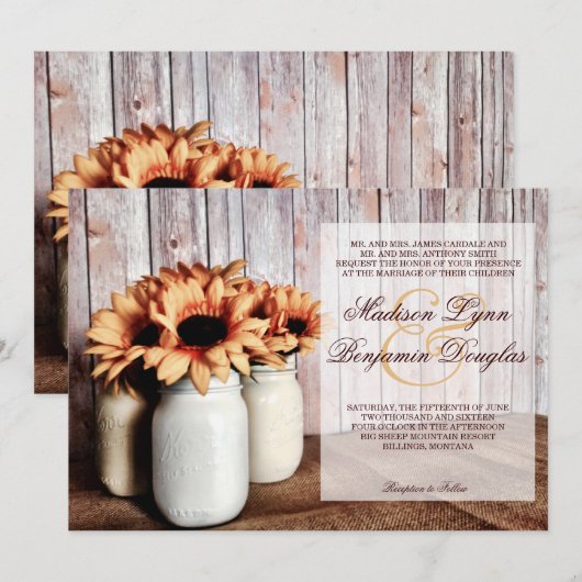 Rustic Country Mason Jar Sunflower Wedding Invite Kaart (Voorkant / Achterkant)
