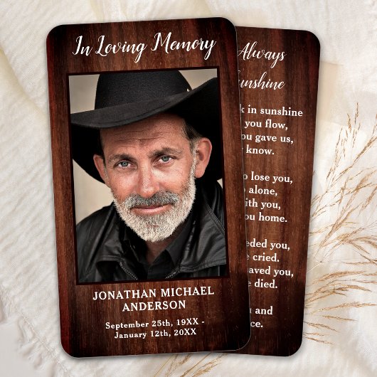 Rustic Country Memorial Photo Funeral Prayer Card