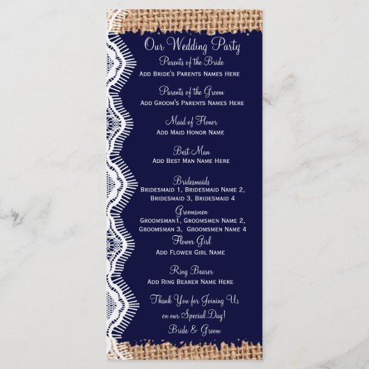 Rustic Country Navy Burlap Imprimer Programmes de  (Dos)
