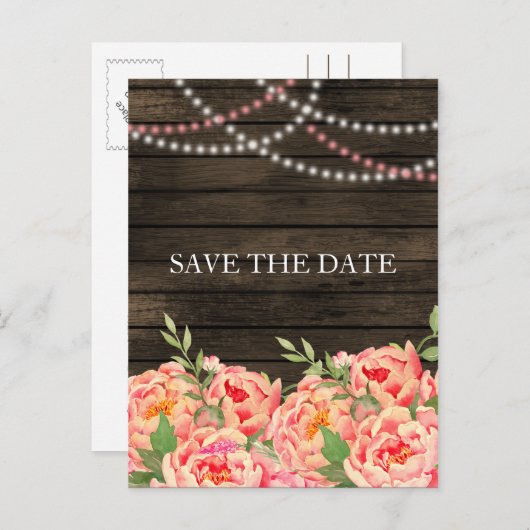 Rustic Country Peony Barn Wood Wedding Aankondigingskaart (Voorkant / Achterkant)