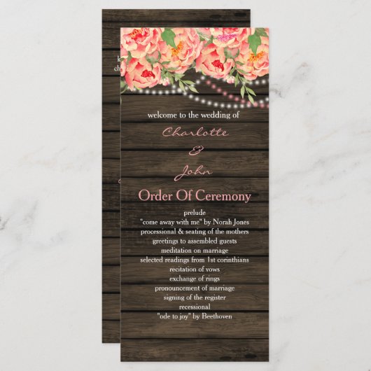 Rustic Country Peony Barn Wood Wedding Programma (Voorkant / Achterkant)