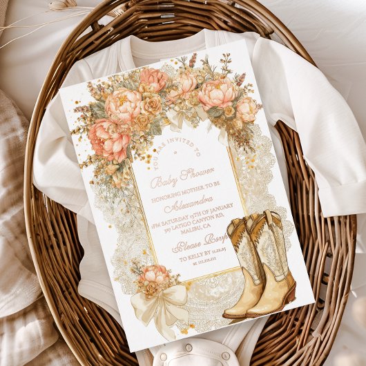 Rustic Country Peony Boots Baby shower Folie Uitnodiging