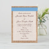 Rustic Country Printed Burlap Blue Ribbon Wedding Kaart (Staand voorkant)