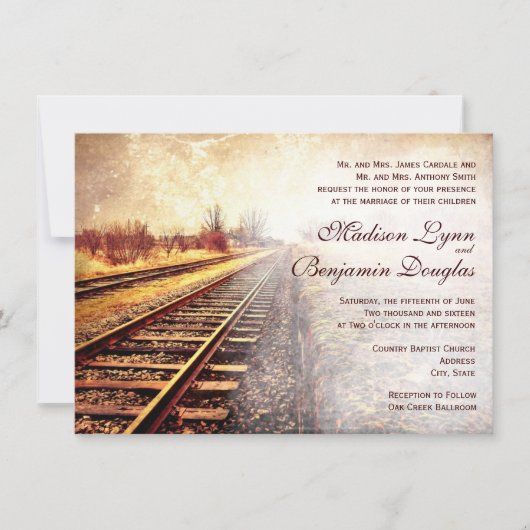 Rustic Country Railroad Tracks Wedding Invitations Kaart (Voorkant)