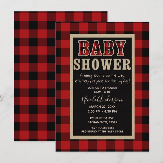 Rustic Country Red Black Buffalo Plaid Baby shower Kaart (Voorkant / Achterkant)