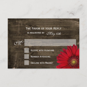 Rustic Country Red Daisy Wood Wedding Cartes RSVP