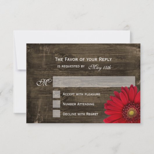 Rustic Country Red Daisy Wood Wedding Cartes RSVP (Devant)