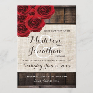 Rustic Country Red Roses Wood Wedding Invitation Kaart