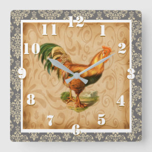 Rustic Country Rooster Elegant Damask  Vierkante Klok