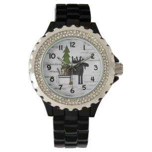 Rustic Country Silhouette Moose en Trees on Birch Horloge