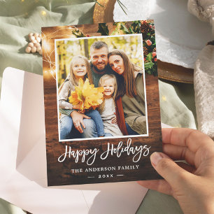 Rustic Country String Lights Family Foto Feestdagenkaart