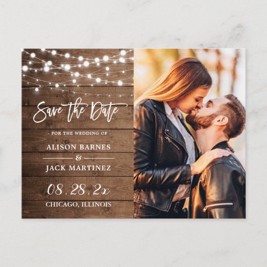 Rustic Country String Lights Foto opslaan Datum Briefkaart (Voorkant)
