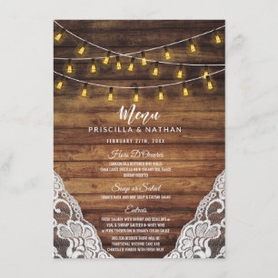 Rustic Country String Lights Wood Weddenschap Menu