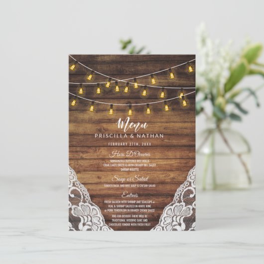 Rustic Country String Lights Wood Weddenschap Menu (Staand voorkant)