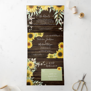 Rustic Country Sunflower Wedding Drieluik Uitnodiging