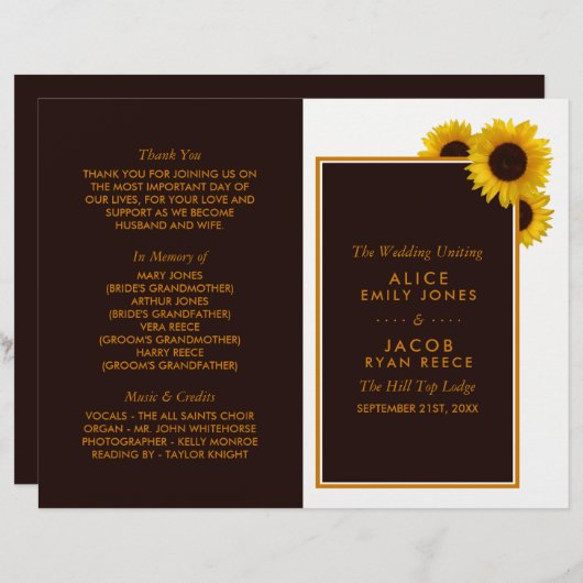Rustic Country Sunflowers Programme de mariage flo (Devant / Derrière)