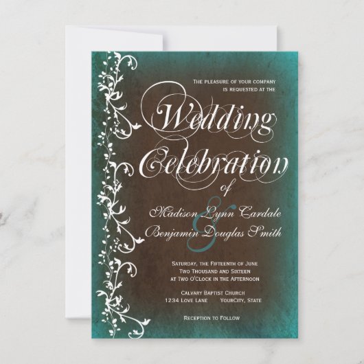 Rustic Country Turquoise Brown Wedding Invitations Kaart (Voorkant)