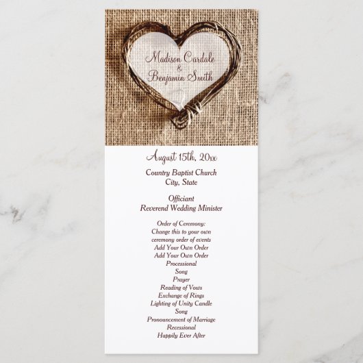 Rustic Country Twine Heart Wedding Programs Programma (Voorkant)