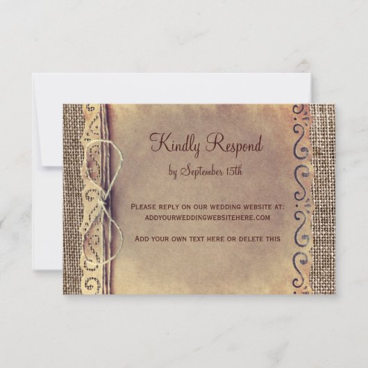 Rustic Country Vintage Burlap Wedding RSVP Card V2 (Devant)