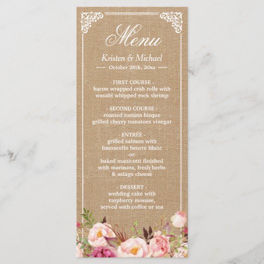 Rustic Country Wedding Menu  Burlap Floral (Voorkant)