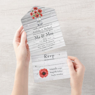 Rustic country Wedding Red Poppy All In One Uitnodiging