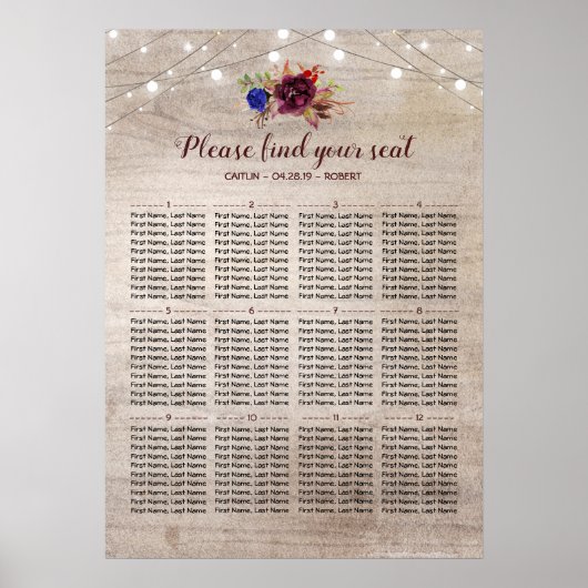 Rustic country Wedding Seating Chart Poster (Voorkant)