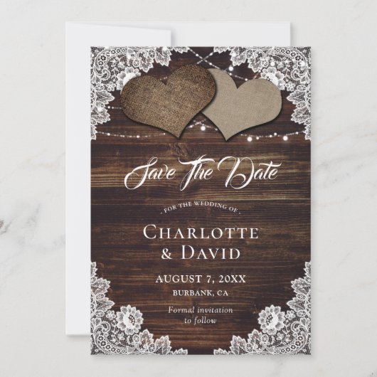 Rustic Country Wood Burlap Wedding Save The Date (Voorkant)