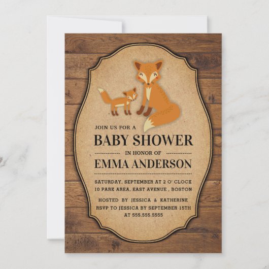 Rustic Country Wood Fox Baby shower Invitation (Devant)