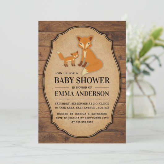 Rustic Country Wood Fox Baby shower Invitation (Debout devant)