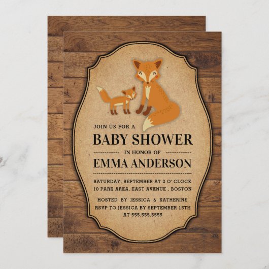 Rustic Country Wood Fox Baby shower Invitation (Devant / Derrière)