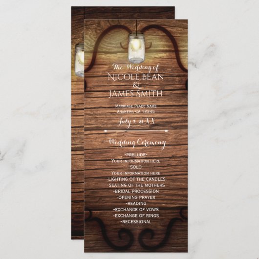 Rustic Country Wood & Lighted Mason Jars Programme (Devant / Derrière)