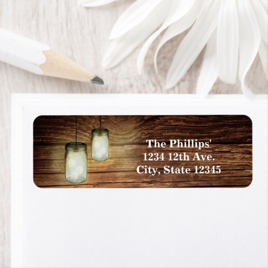 Rustic Country Wood & Lighted Mason Jars Wedding Etiket (Insitu)