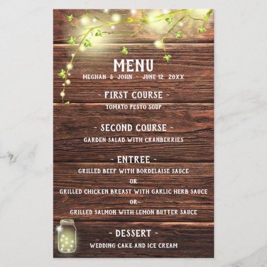 Rustic Country Wood Mason Jar Lights Menu Mariage (Devant)